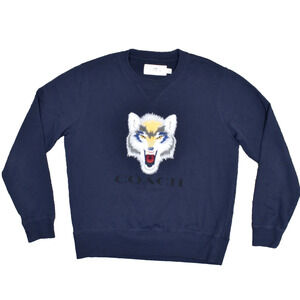 Coach Wolf Embroided Crew Neck Pullover Sweater Long Sleeve Cotton Blue Size M